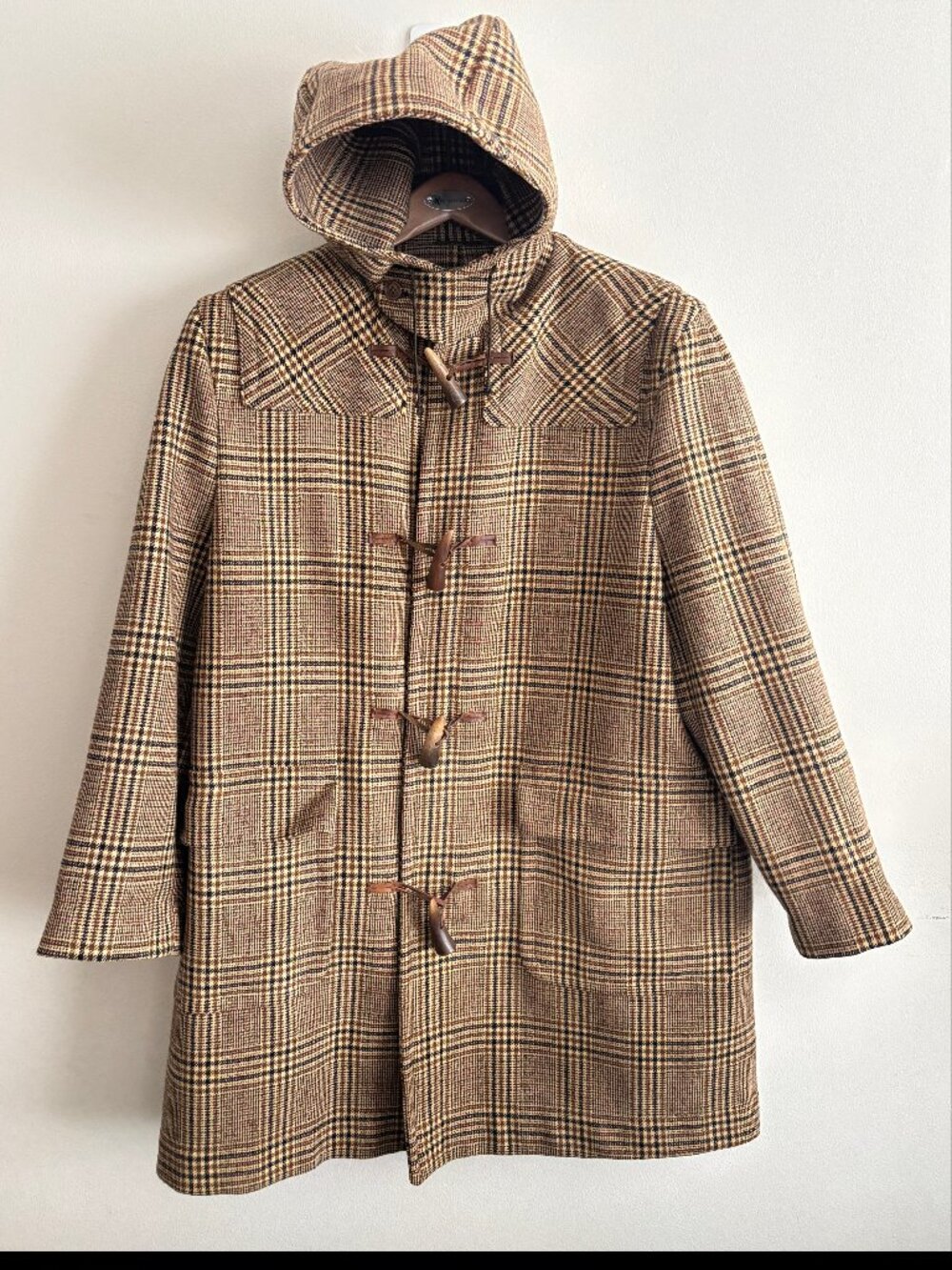 Vintage Invertere England Tan Plaid Wool Tweed Hooded Duffle Coat - 44/ XL - XXL